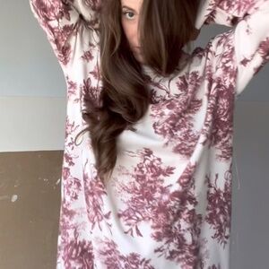 Zara Off-White Toile Pattern Soft Long Sleeve Dress, Midi Length Mock Neck Dress